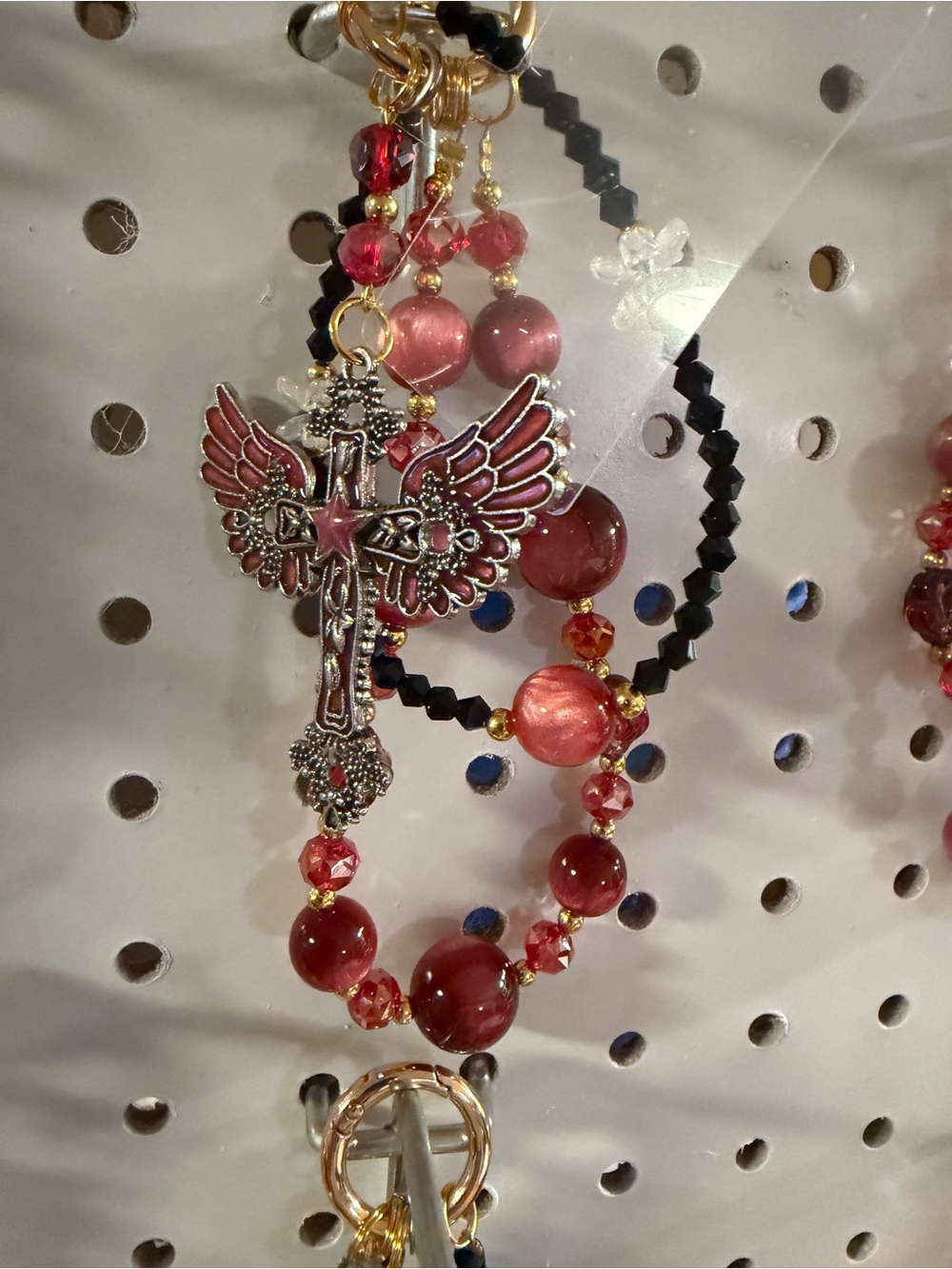 Hand Crafted Red and Black Beaded Angel Wing Cross Phone Charm Case Accessory